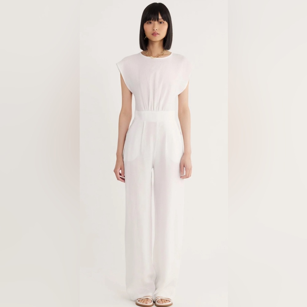 REVOLVE - RUMER WHITE ESTELLE LINEN JUMPSUIT WITH POCKETS & FRONT RUCHIN…